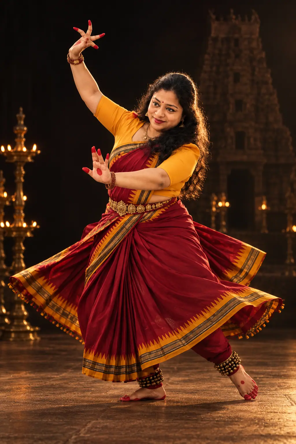 Gopika mid-turn with flying saree fabric