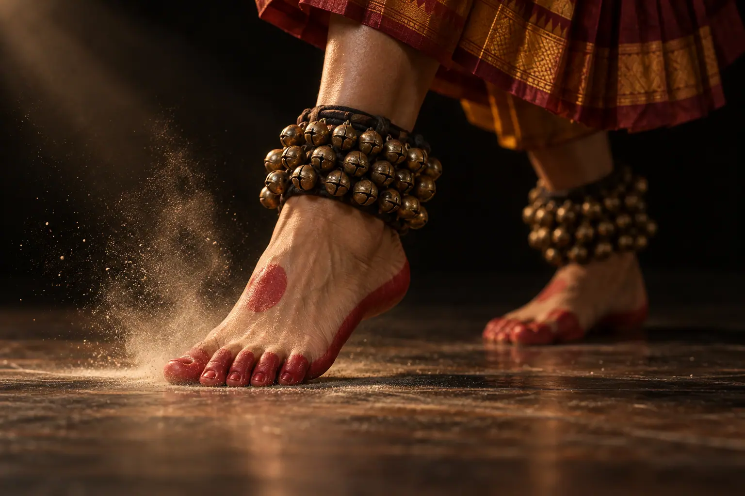Ghungroo bells and red alta on a dancer's feet mid-stamp