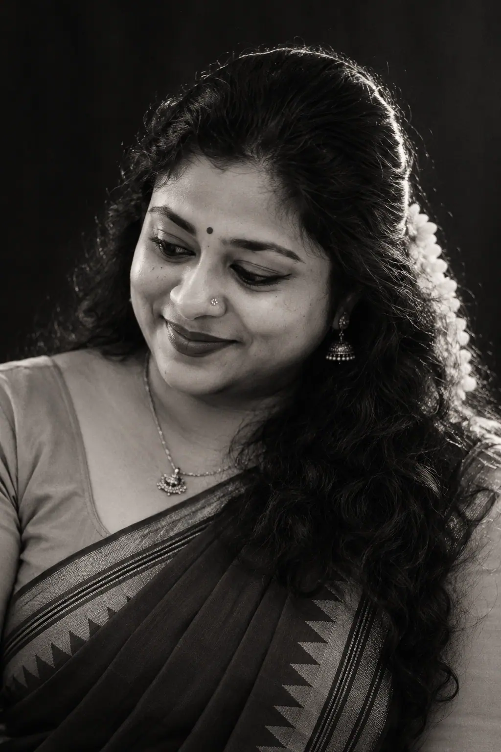 Black-and-white portrait of Gopika, eyes lowered and smiling softly, temple jewellery and jasmine catching the light