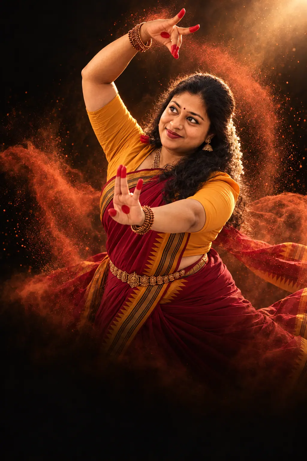Gopika Rig Lal mid-performance, one arm raised in a mudra, terracotta silk swirling around her in warm stage light