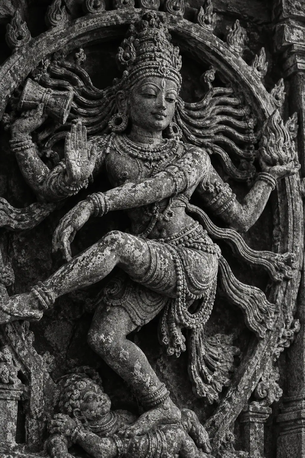 Weathered stone temple dancer sculpture